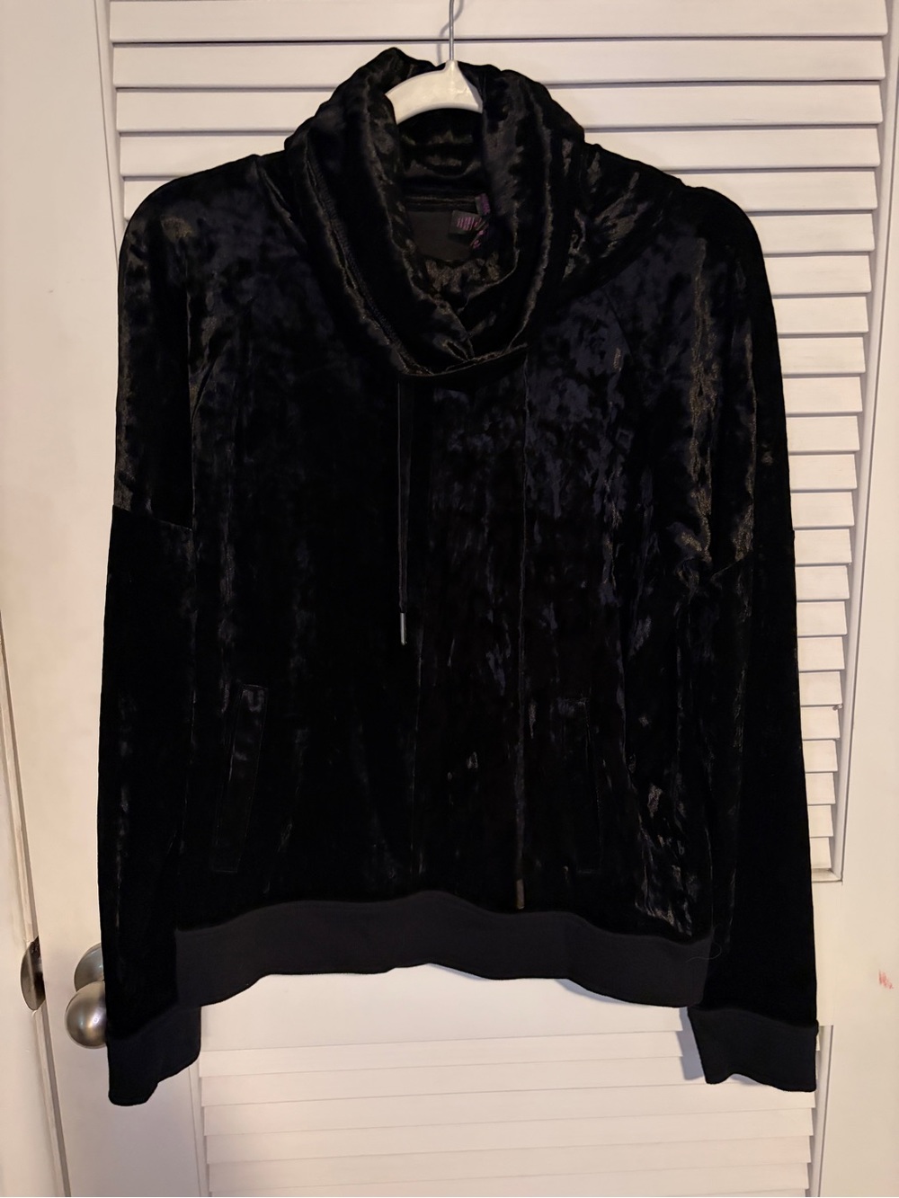Betsey Johnson Performance black crushed velvet funnel neck sweater.